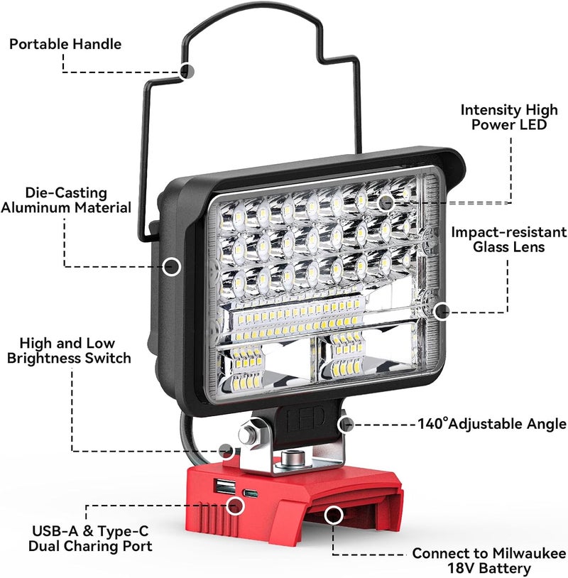 Ecarke LED Work Light Compatible with Milwaukee18V Battery, 128W Cordless Work Lights 12800LM of Flashlight Battery Light with Low Voltage Protection & Type-C & USB-A Charger Port - Image 2